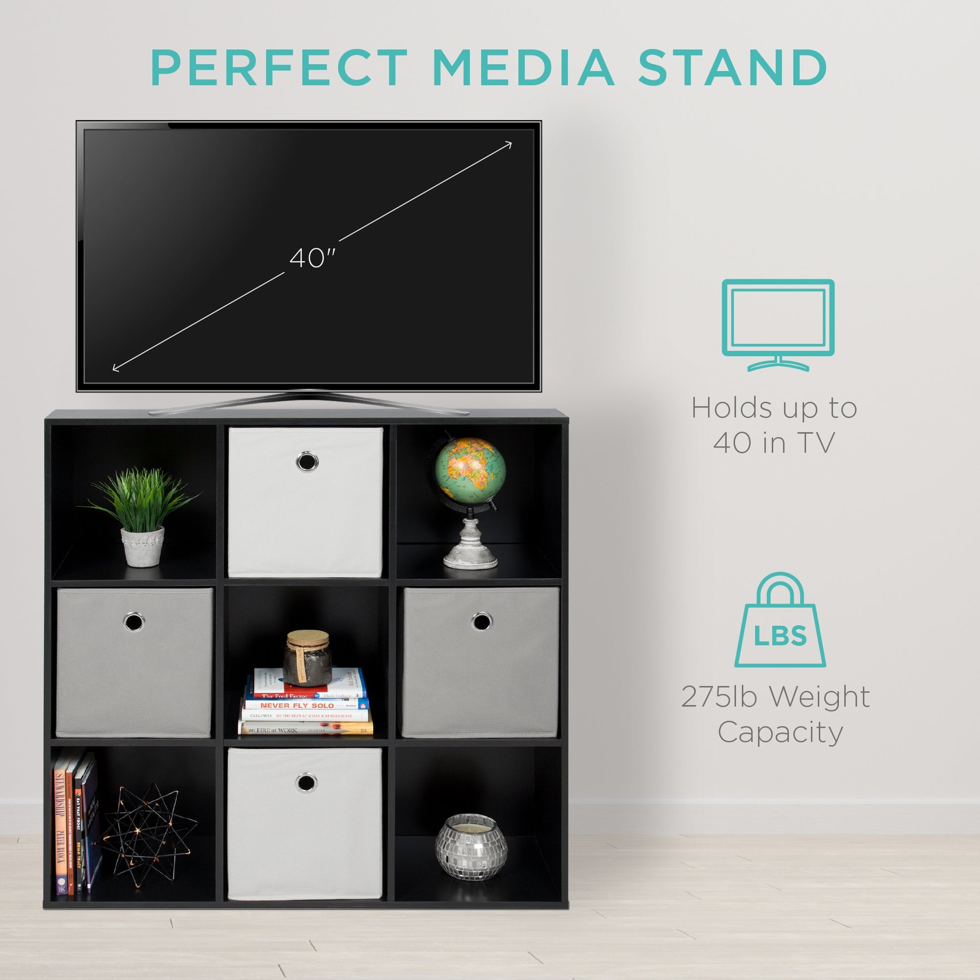 SUGIFT 9-Cube Bookshelf, Display Storage System, Compartment Organizer w/ 3 Removable Back Panels - Black
