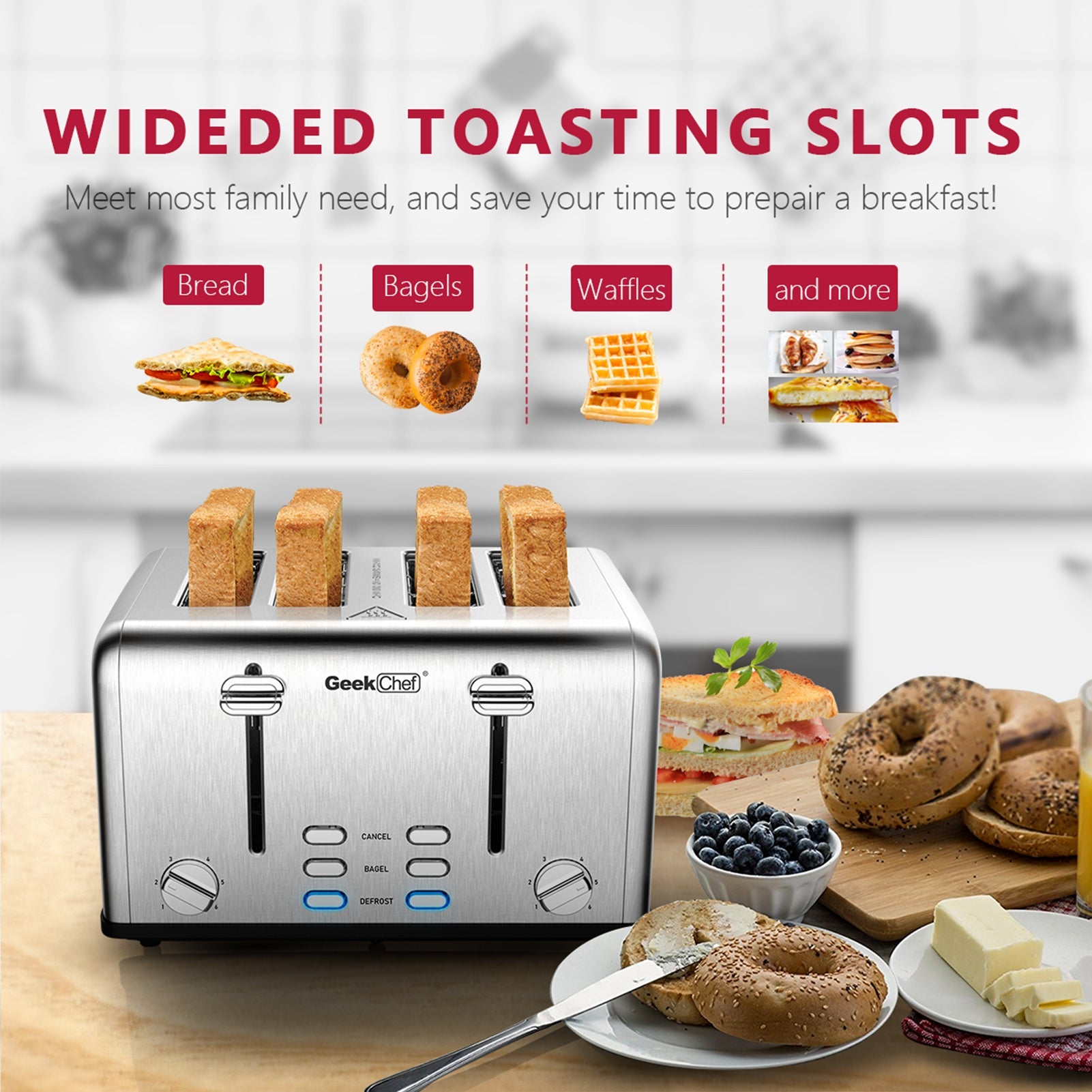 SUGIFT  Toaster 4 Slice, Geek Chef Stainless Steel Extra-Wide Slot Toaster with Dual Control Panels of Bagel/Defrost/Cancel Function(Sliver-Black)