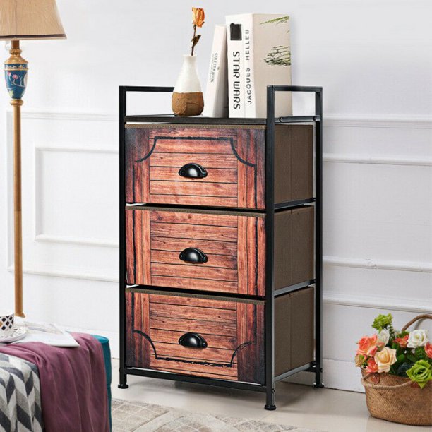SUGIFT 3-tier Nightstand Drawer Fabric Dresser Storage Tower