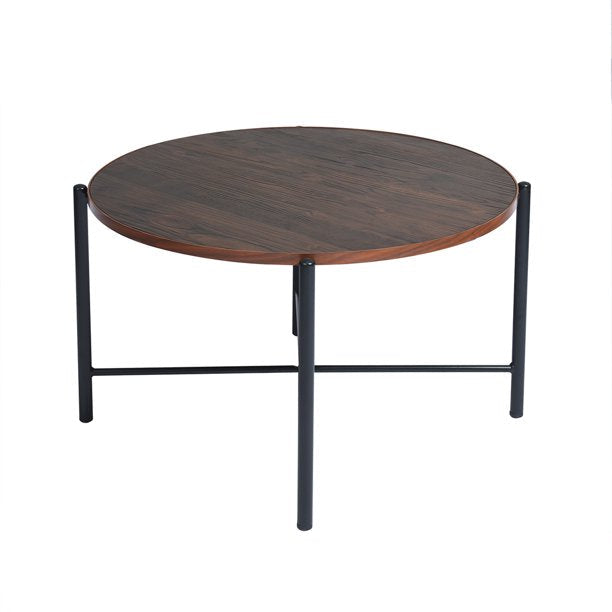 SUGIFT  Coffee Table Wood Cocktail Table Tea Desk 29.7 Inch Large Round Coffee Table Solid Metal Frame Table for Living Room