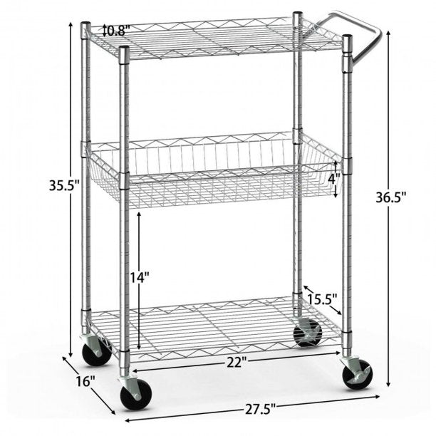 SUGIFT  3-Tier Utility Cart Heavy Duty Wire Rolling Organizer Cart with Handle Bar Storage Trolley