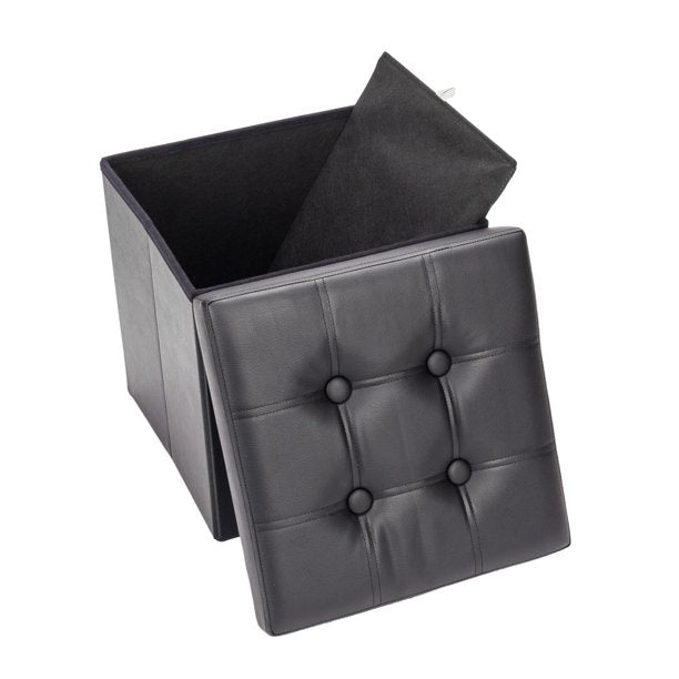 PU Leather Footstool Square Storage Ottoman, Black