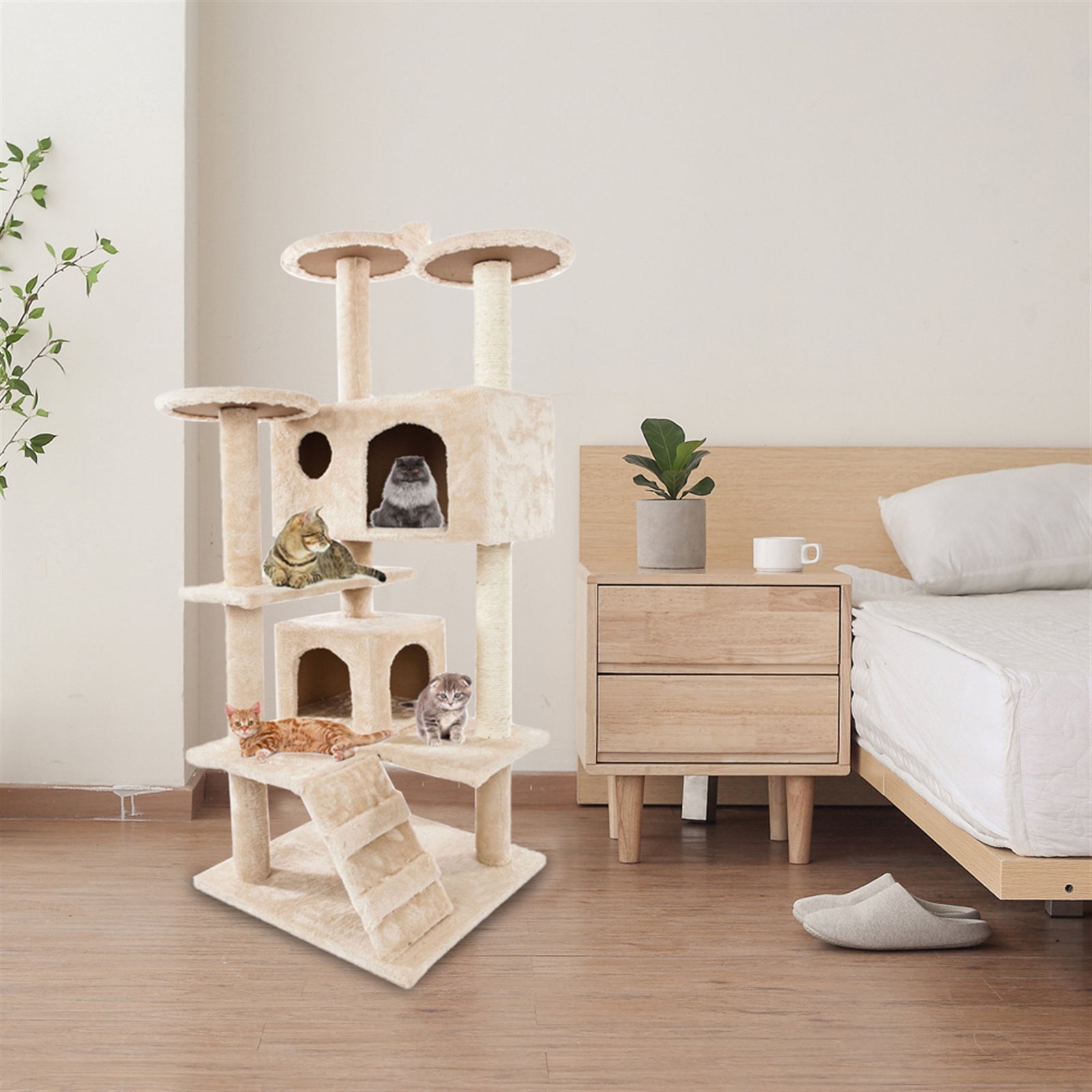SUGIFT 52-inch Cat Climbing Frame, Plush Sisal Cat Tree, Beige Cat Tower