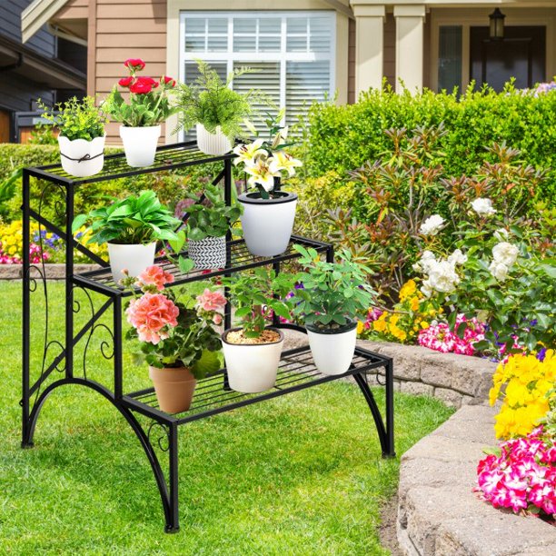 SUGIFT  3-Tier Stair Style Flower Pot Holder Metal Plant Rack Garden Shelf Storage Organizer