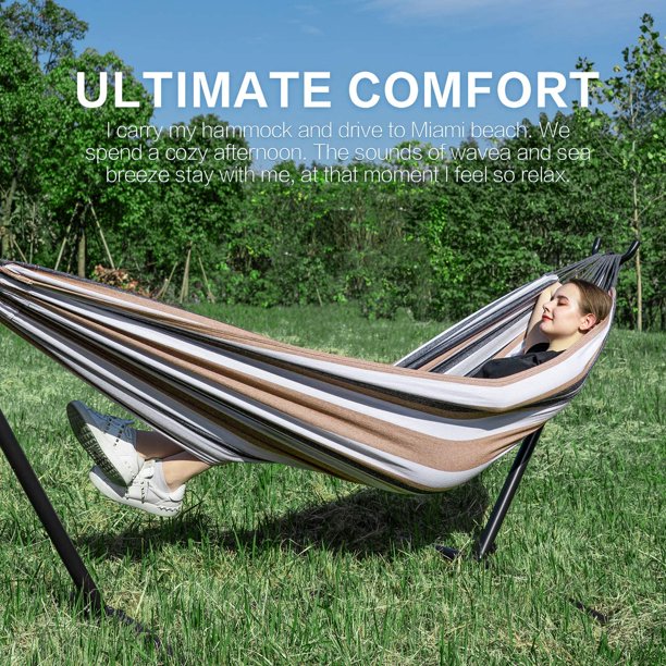 2-Person Hammock with Space Saving Steel Stand Garden Yard Outdoor 450lb Capacity Double Hammocks and Portable Carrying Bag (Coffee)
