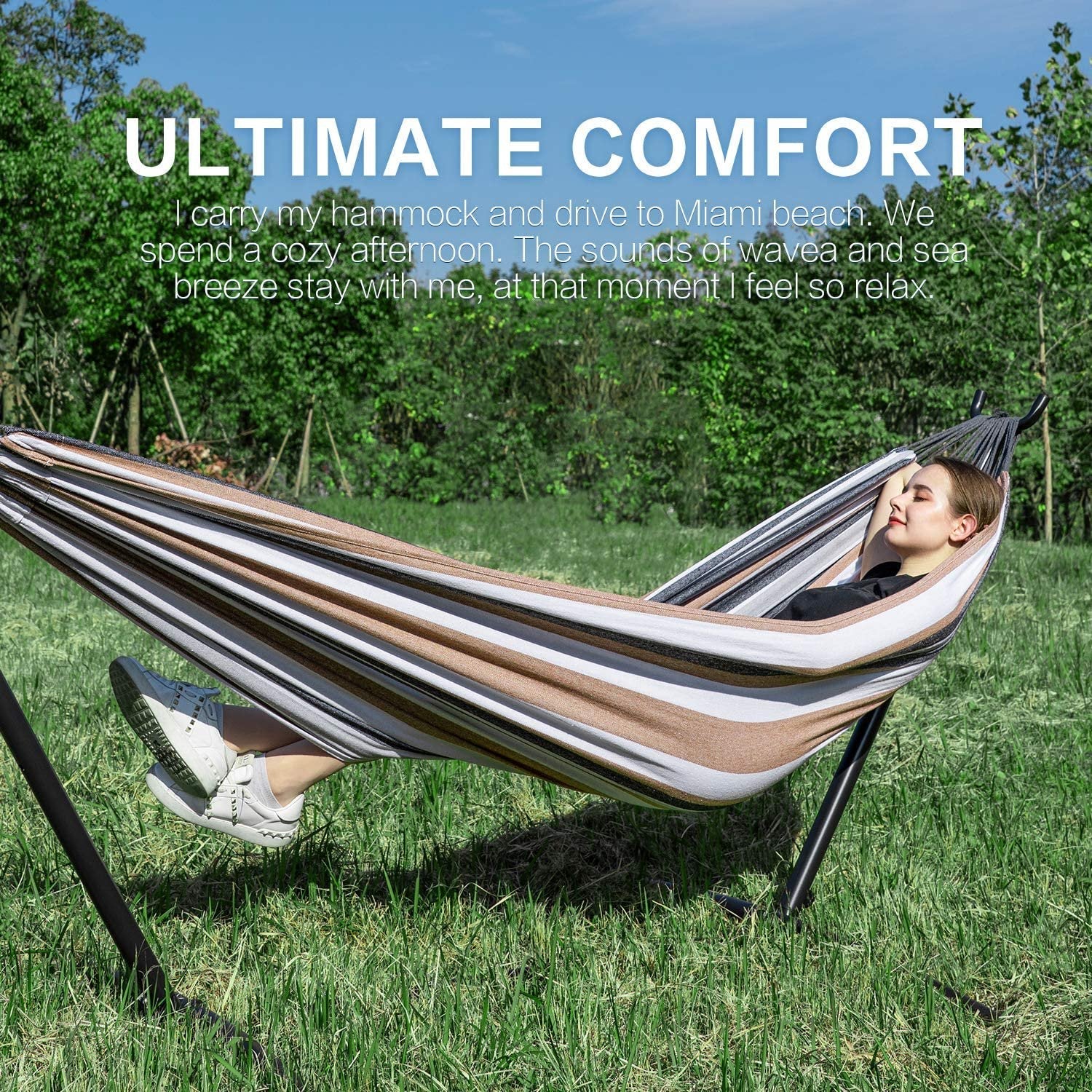 SUGIFT  2-Person Hammock with Space Saving Steel Stand Garden Yard Outdoor 450lb Capacity Double Hammocks and Portable Carrying Bag , Desert Stripes