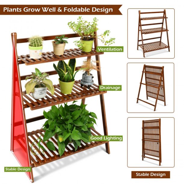 SUGIFT  Plant Storage Shelf 3-tier Folding Bamboo Flower Shelf