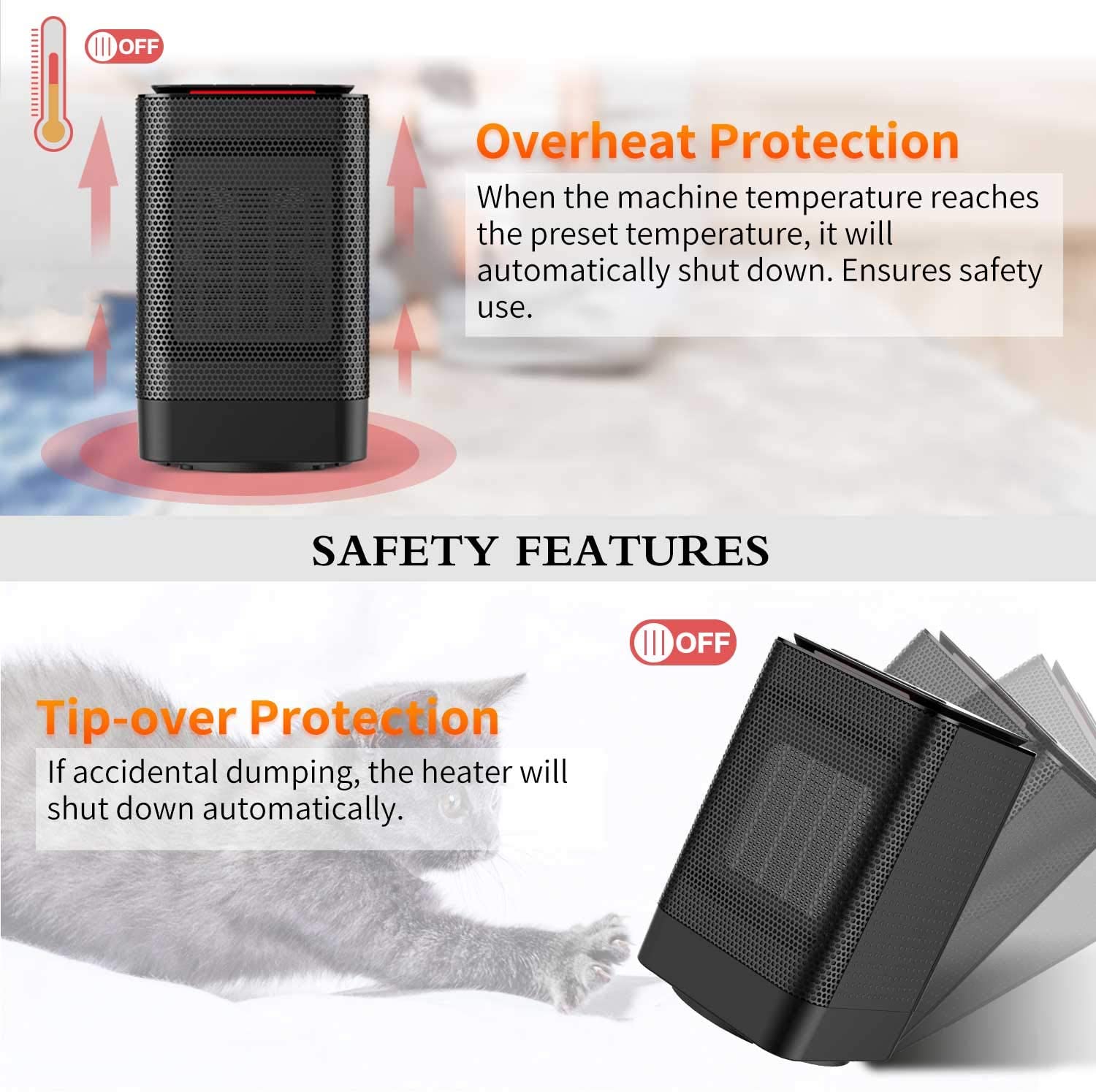 Portable Electric Oscillating Heater with Over-Heat Protection and Tip-Over Protection