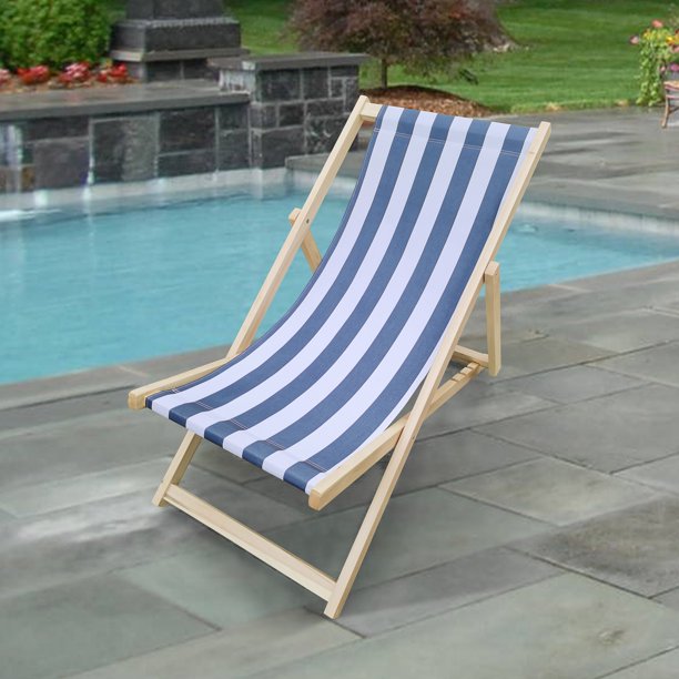SUGIFT  Beach Sling Chair, Lounge Striped Chair Outdoor, Reclining Beach Chair, Wooden Folding Adjustable Patio Chair, Blue
