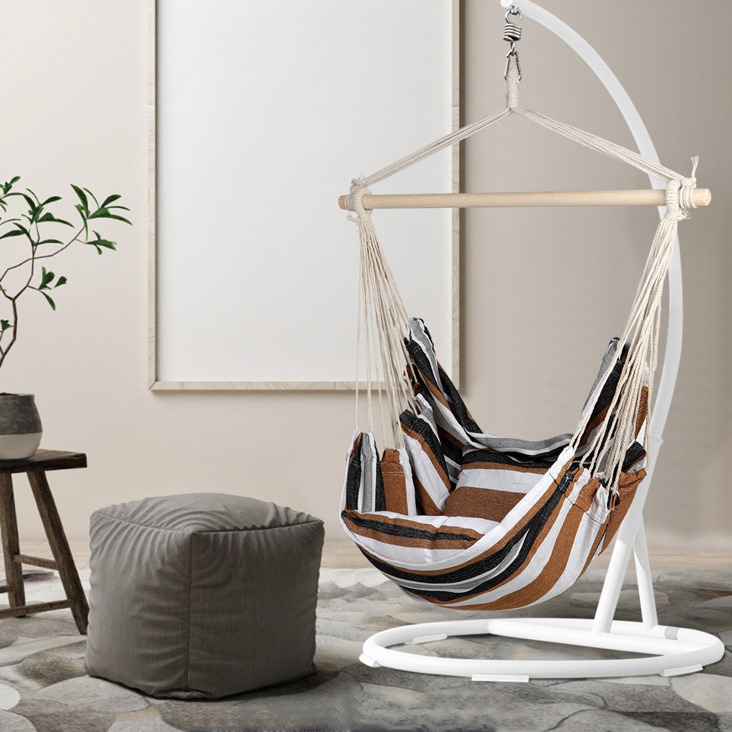 SUGIFT  Hammock Chair, Large Swing Chair Suitable for Indoor and Outdoor Use, Cotton Coffee Stripes