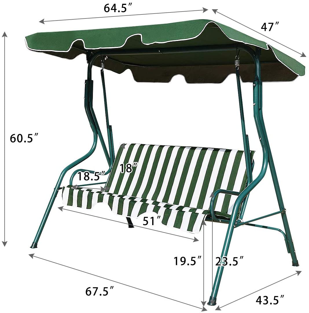 3-person Patio Porch Swing with Adjustable Canopy
