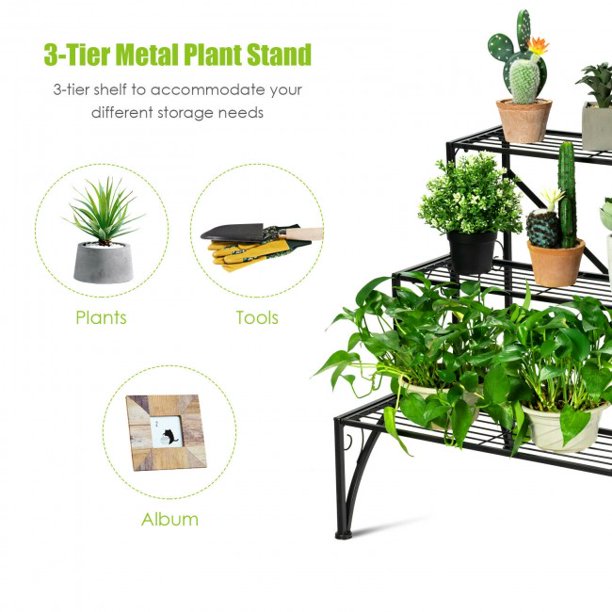 SUGIFT  3-Tier Stair Style Flower Pot Holder Metal Plant Rack Garden Shelf Storage Organizer