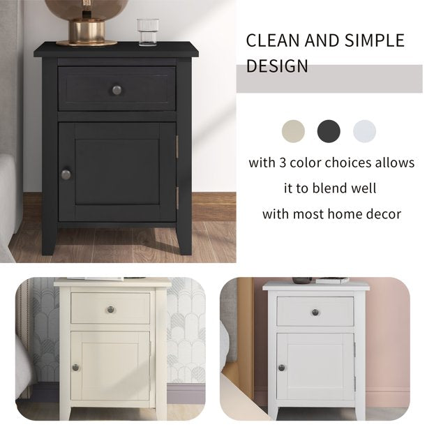 SUGIFT  Solid Wood End Table with 1 Cabinet And 1 Drawer Black