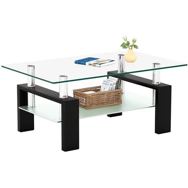 SUGIFT  Rectangle Glass Coffee Table 2-Tier Tea Table Modern Side Coffee Table for Living Room Black