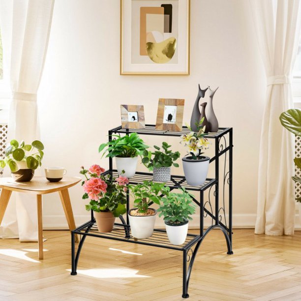 SUGIFT  3-Tier Stair Style Flower Pot Holder Metal Plant Rack Garden Shelf Storage Organizer
