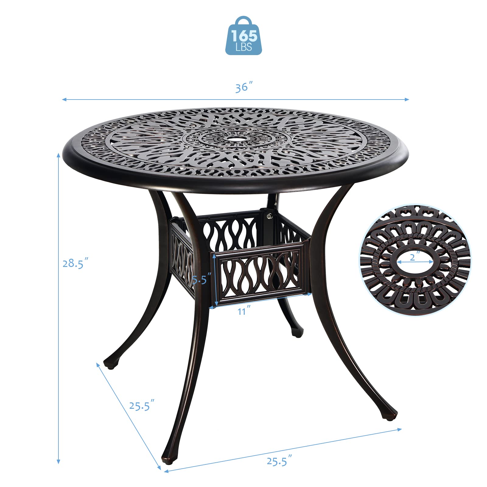 36 Inch Patio Round Dining Bistro Table with Umbrella Hole