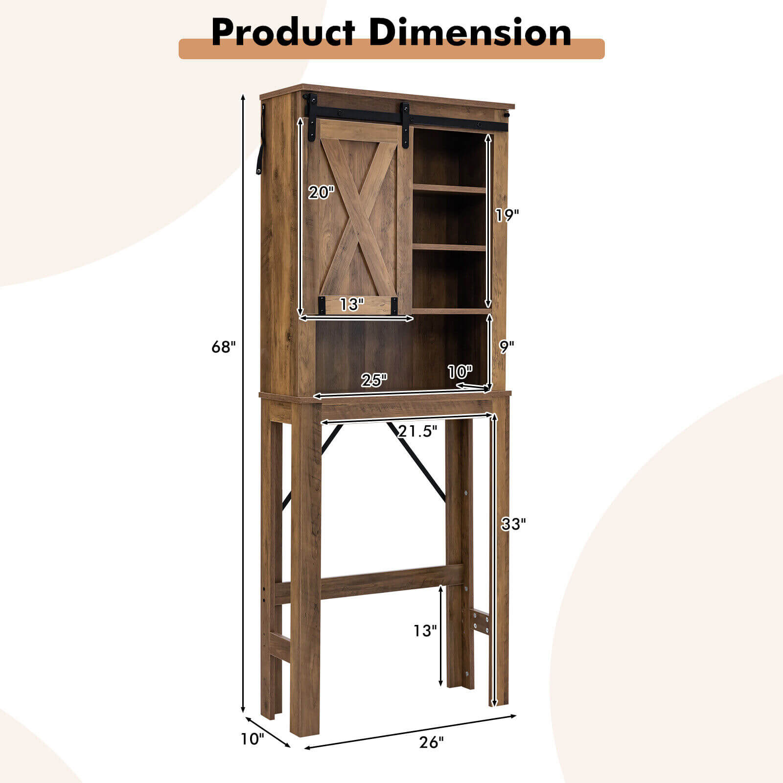 Wooden Bathroom Storage Cabinet with Sliding Barn Door and 3-level Adjustable Shelves
