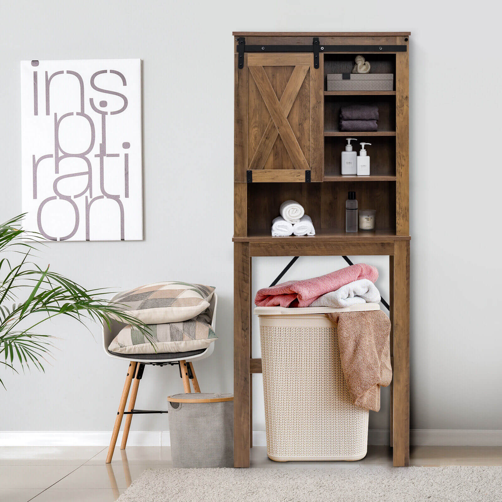Wooden Bathroom Storage Cabinet with Sliding Barn Door and 3-level Adjustable Shelves