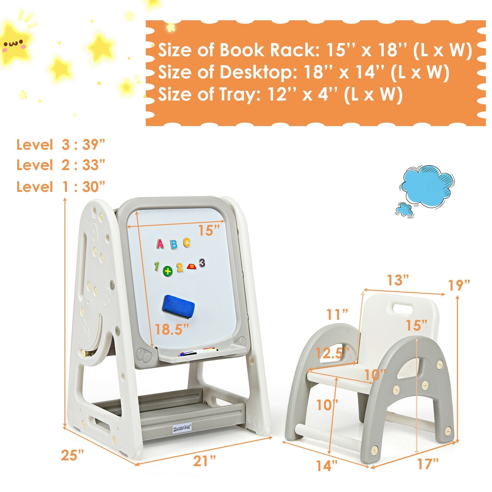 SUGIFT 2-in-1 Kids Easel Desk Chair Set Book Rack Adjustable Art Painting Board