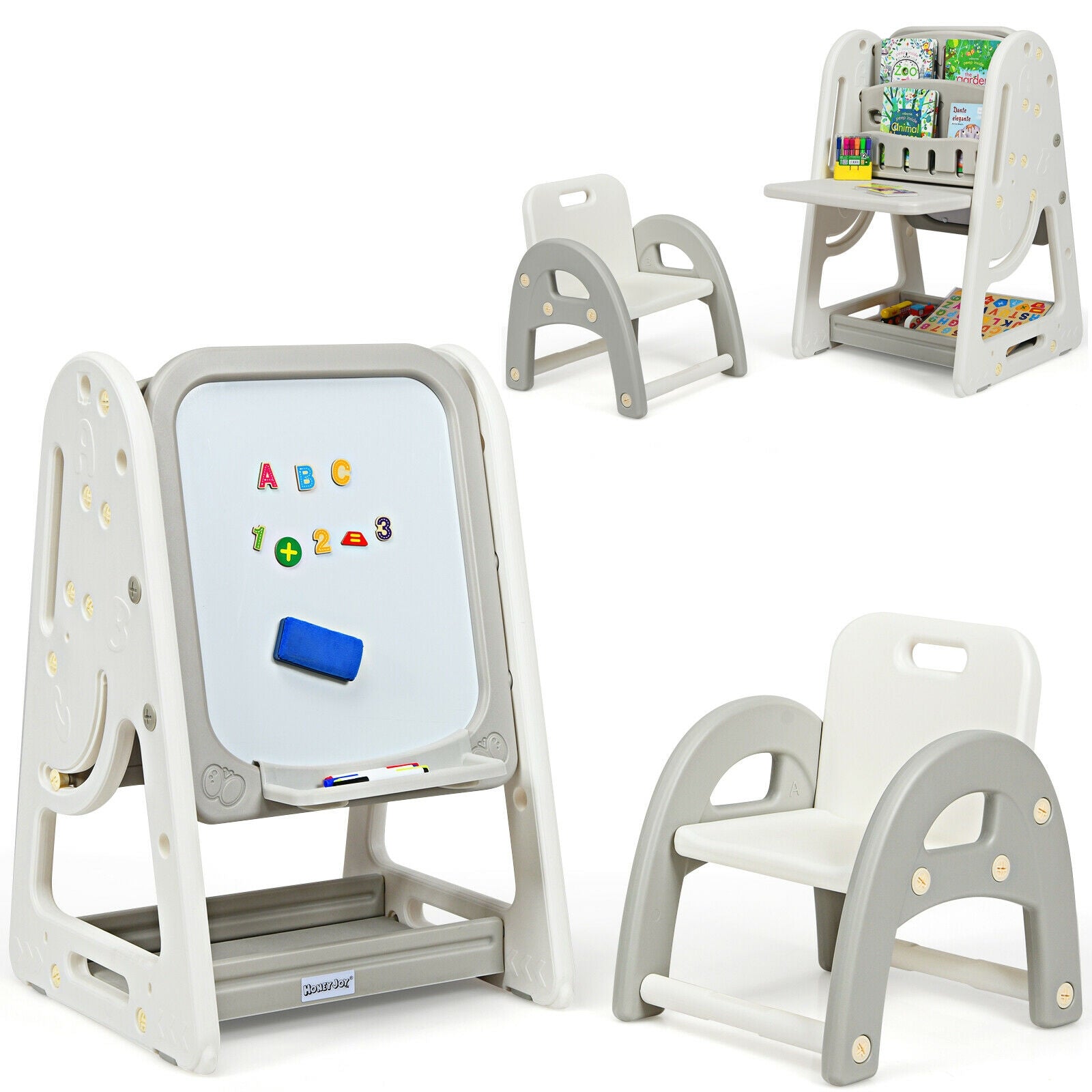 SUGIFT 2-in-1 Kids Easel Desk Chair Set Book Rack Adjustable Art Painting Board