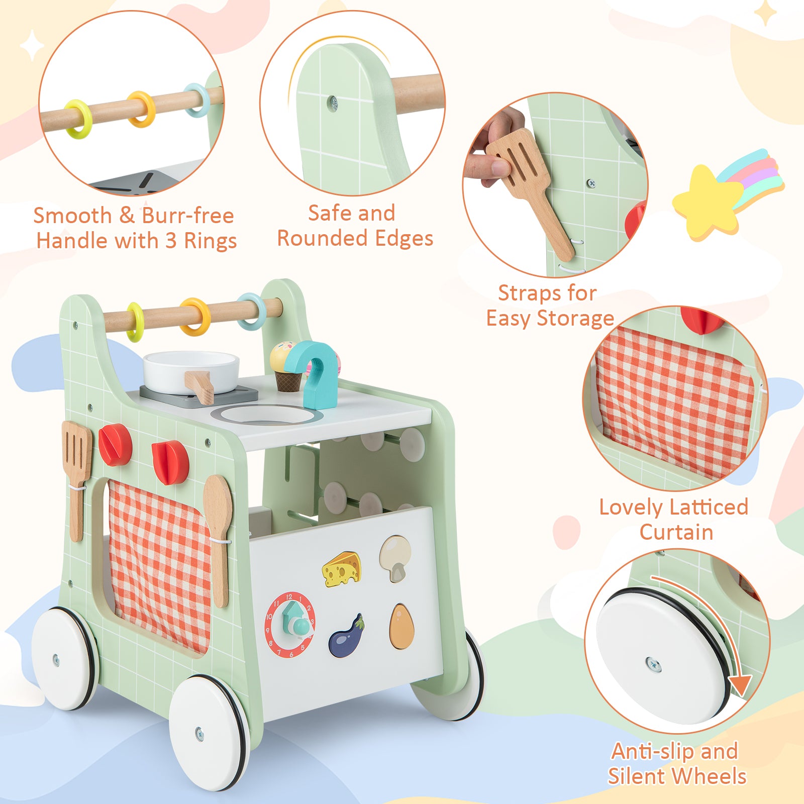 SUGIFT 6-in-1 Wooden Baby Stroller with Play Kitchen for Kids Over 12 Months