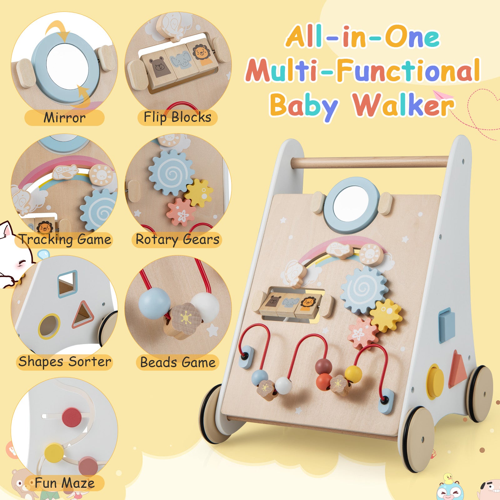 SUGIFT Wooden Baby Walker with Multiple Activities Center for Over 1 Year Old