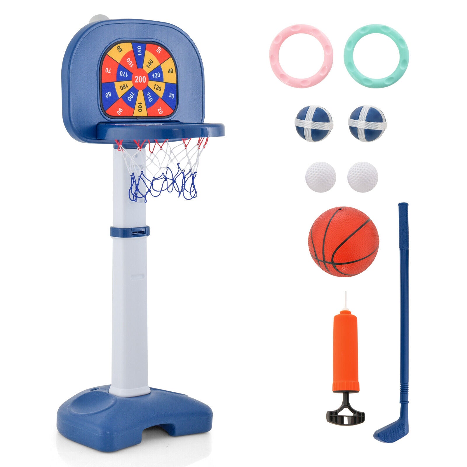 SUGIFT 4-In-1 Adjustable Kids Basketball Hoop with Ring Toss Sticky Ball
