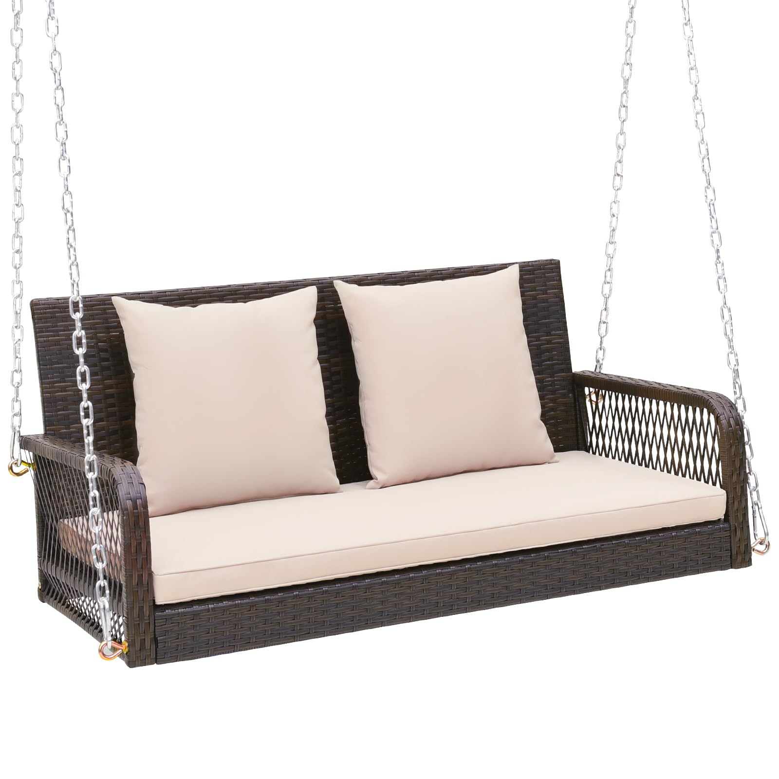 2-Person Outdoor Wicker Porch Swing with Seat and Back Cushions