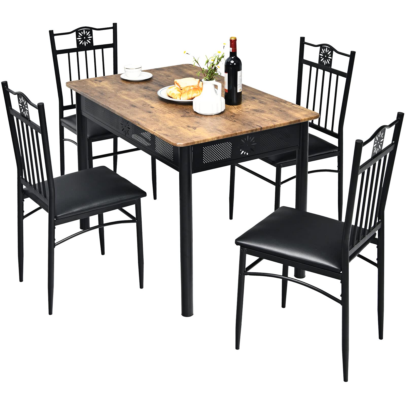 SUGIFT 5 Pieces Dining Set Wood Metal Table and 4 Chairs with Cushions