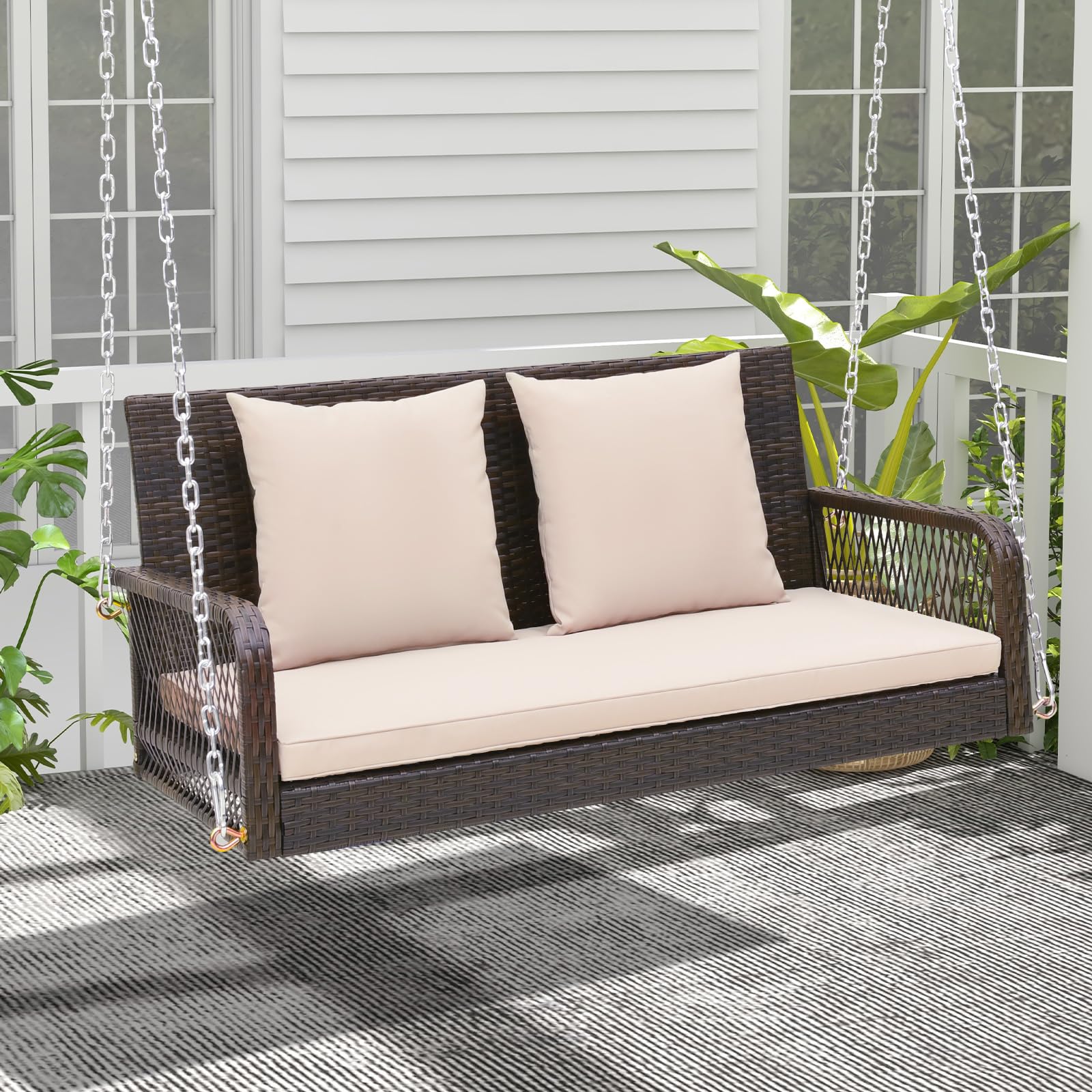 2-Person Outdoor Wicker Porch Swing with Seat and Back Cushions