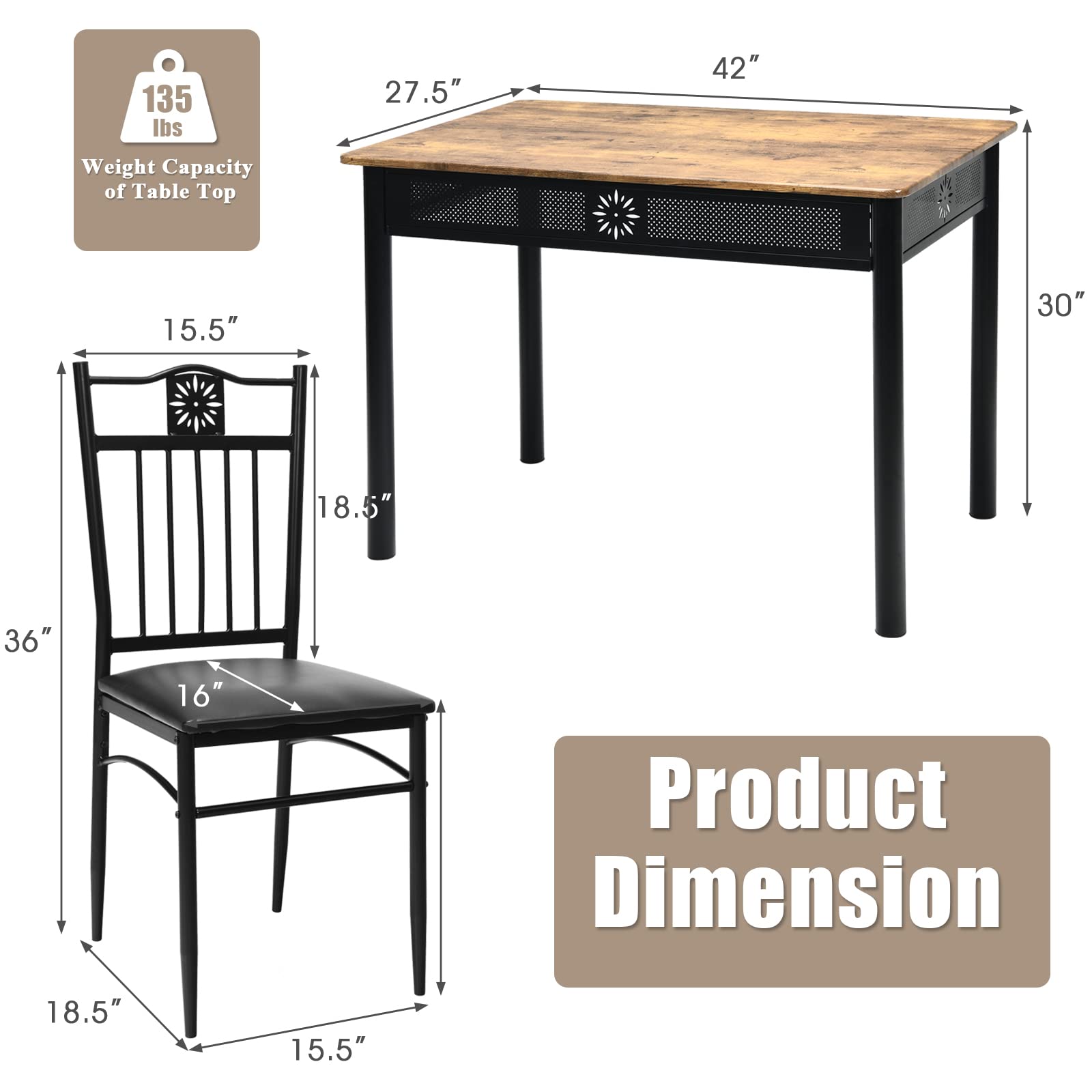 SUGIFT 5 Pieces Dining Set Wood Metal Table and 4 Chairs with Cushions