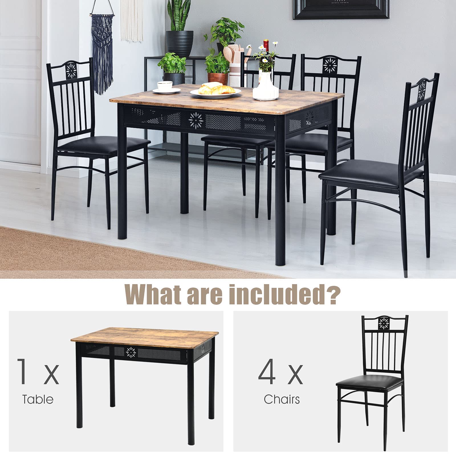SUGIFT 5 Pieces Dining Set Wood Metal Table and 4 Chairs with Cushions
