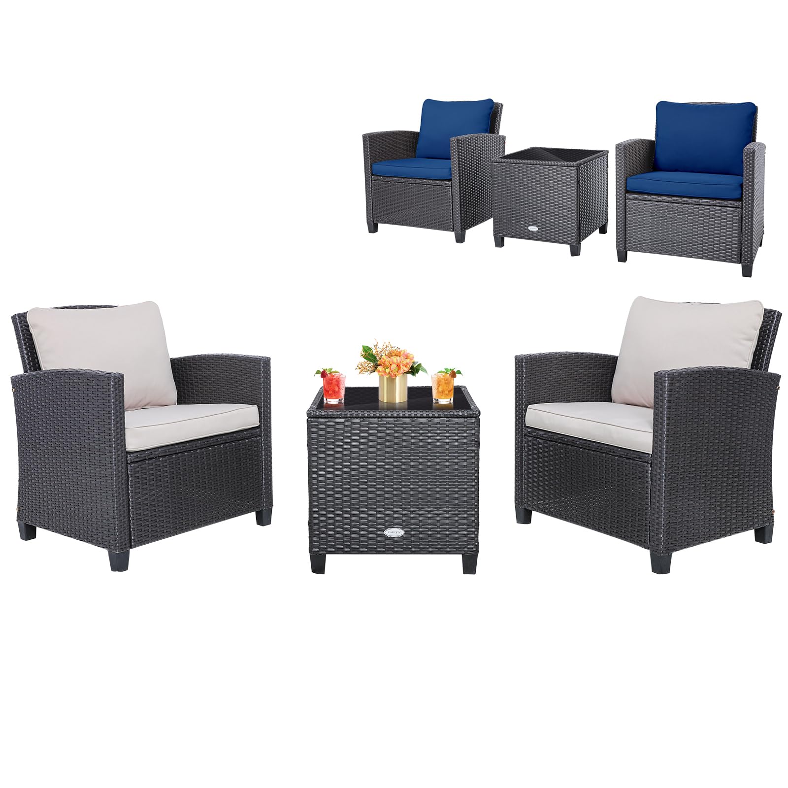 SUGIFT 3 Pieces Rattan Patio Furniture Set with Washable Cushion