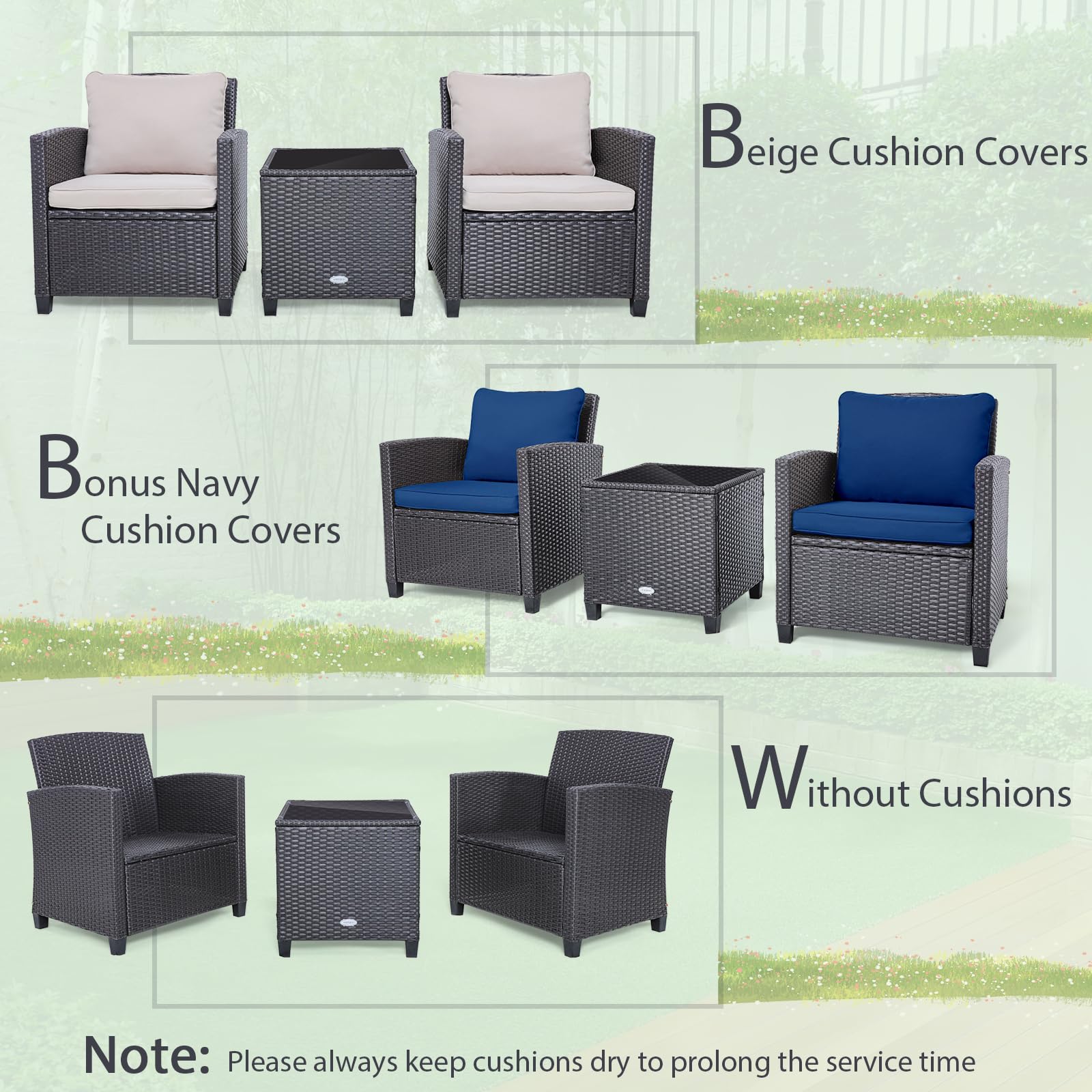 SUGIFT 3 Pieces Rattan Patio Furniture Set with Washable Cushion
