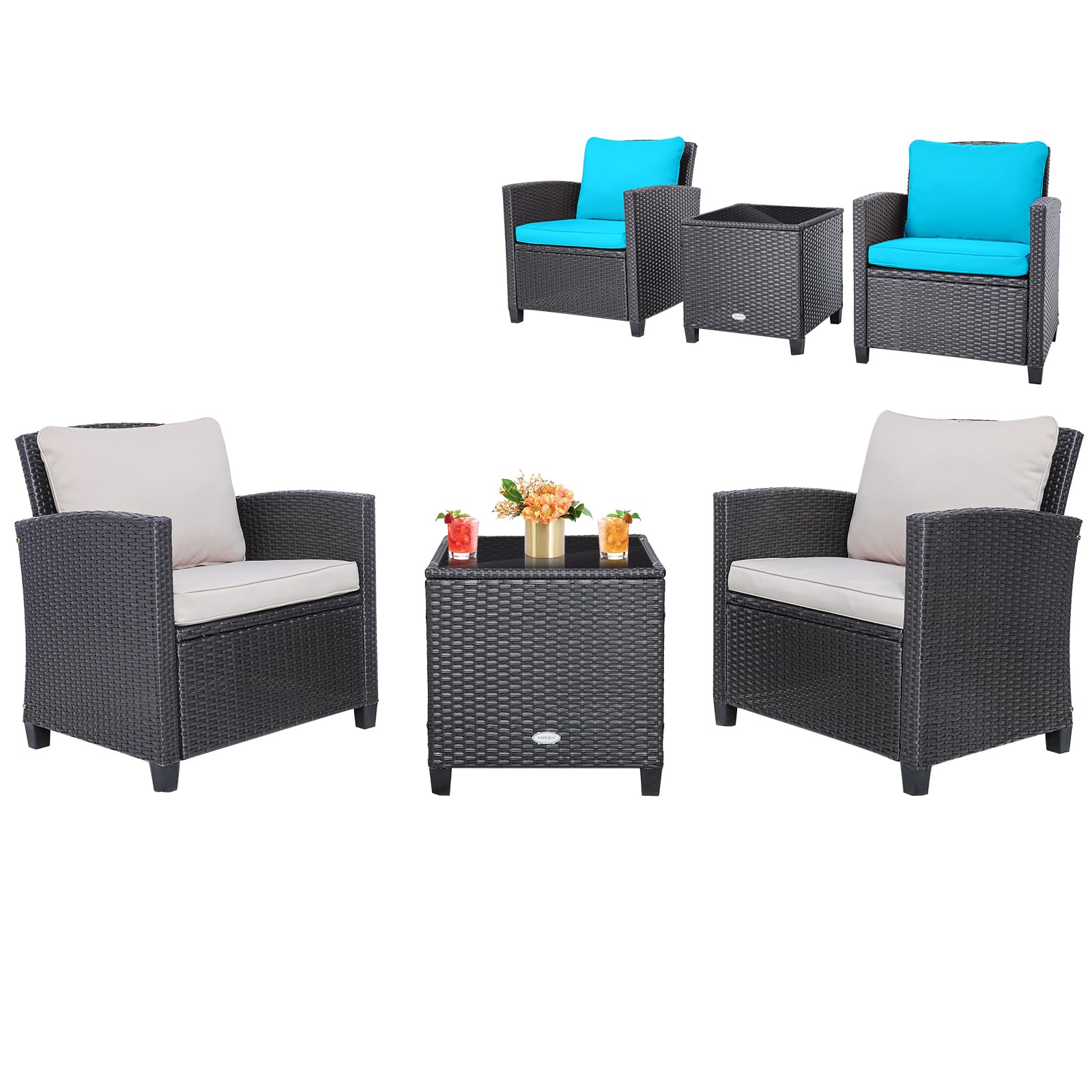SUGIFT 3 Pieces Rattan Patio Furniture Set with Washable Cushion