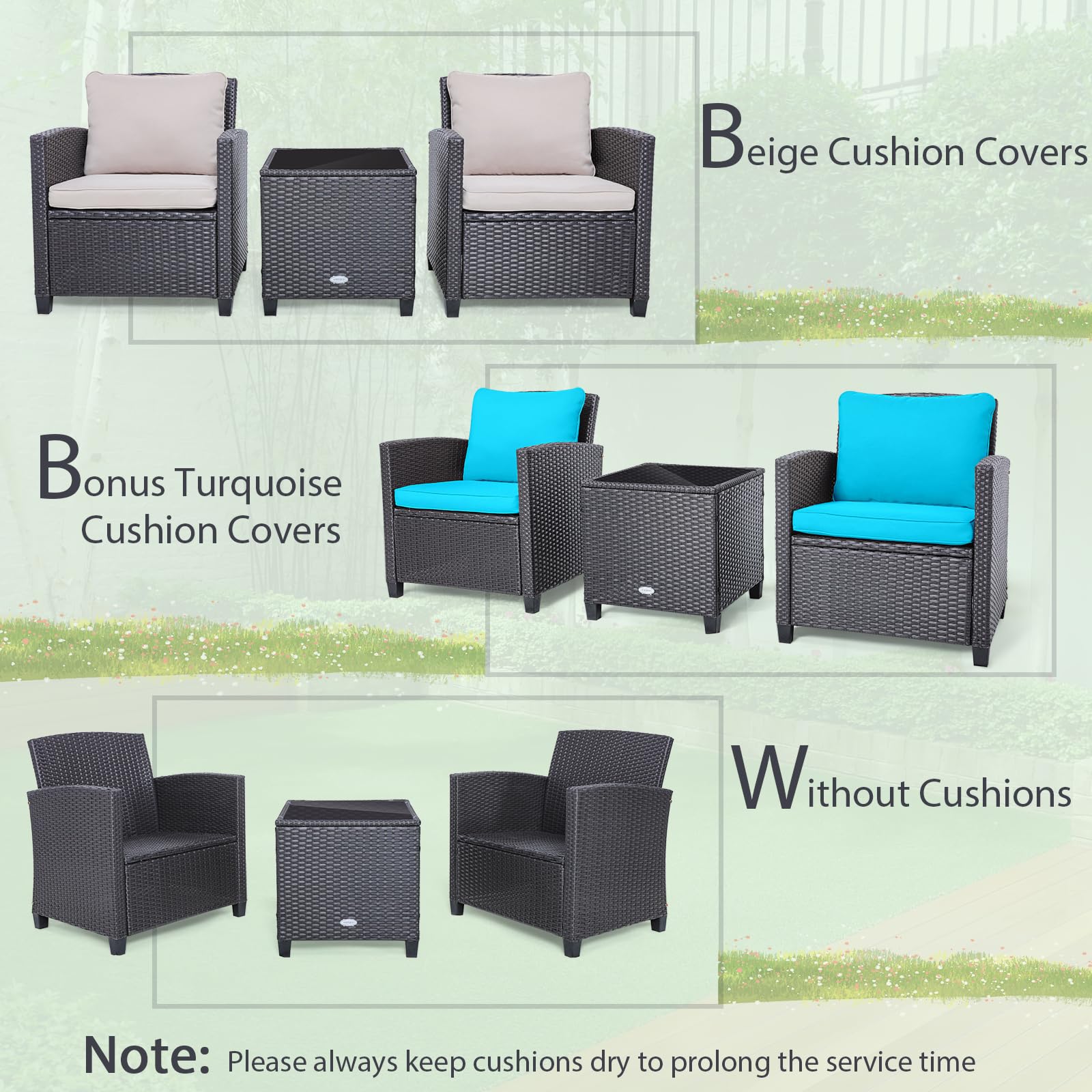 SUGIFT 3 Pieces Rattan Patio Furniture Set with Washable Cushion