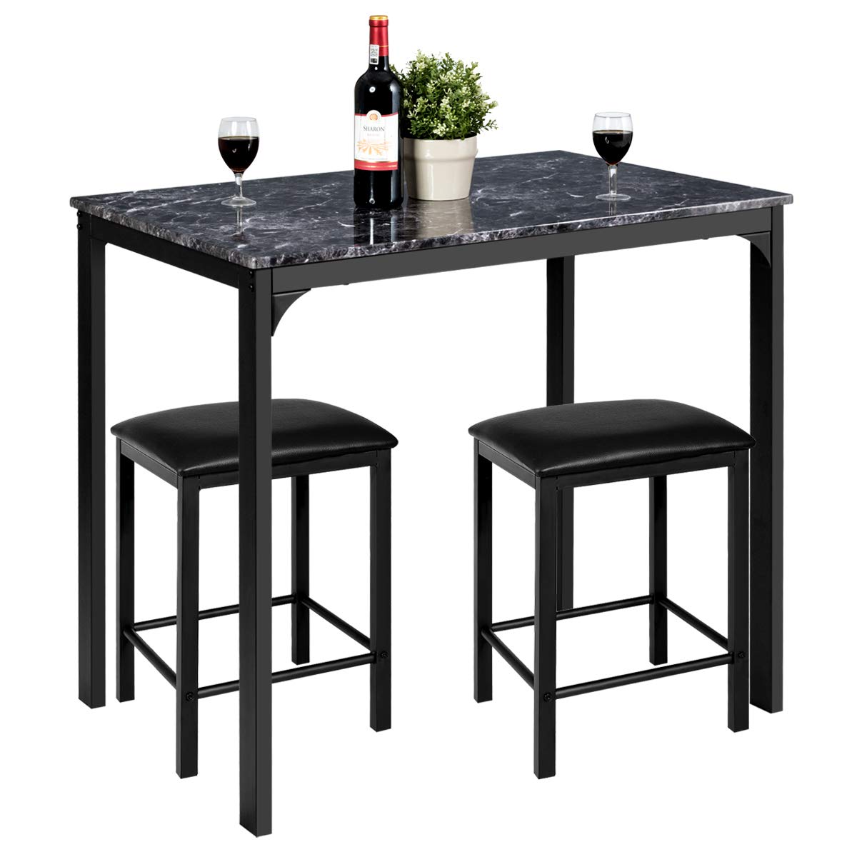 SUGIFT 3 Pieces Dining Table Set with Faux Marble Tabletop and 2 Chairs