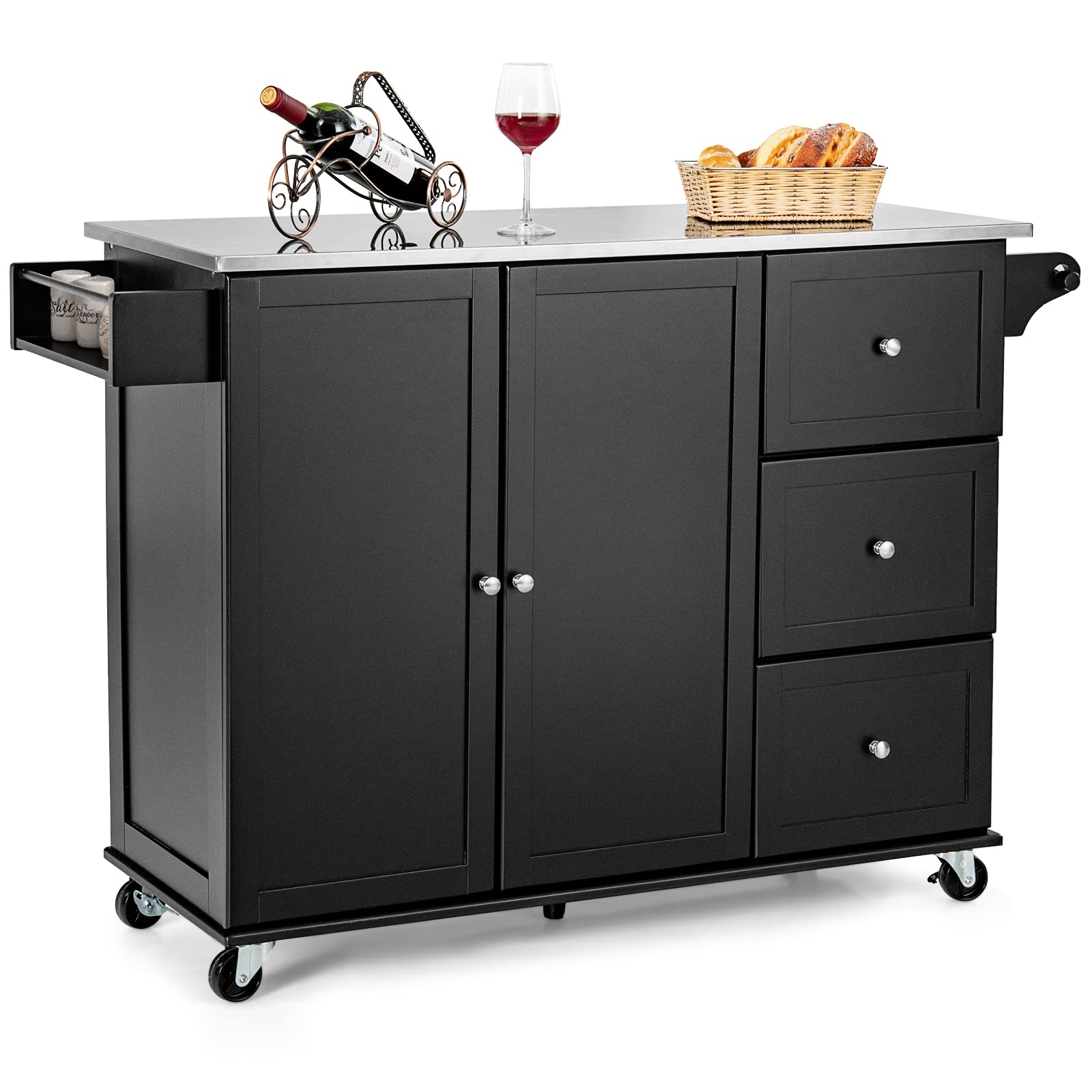 SUGIFT Kitchen Island 2-Door Storage Cabinet with Drawers and Stainless Steel Top