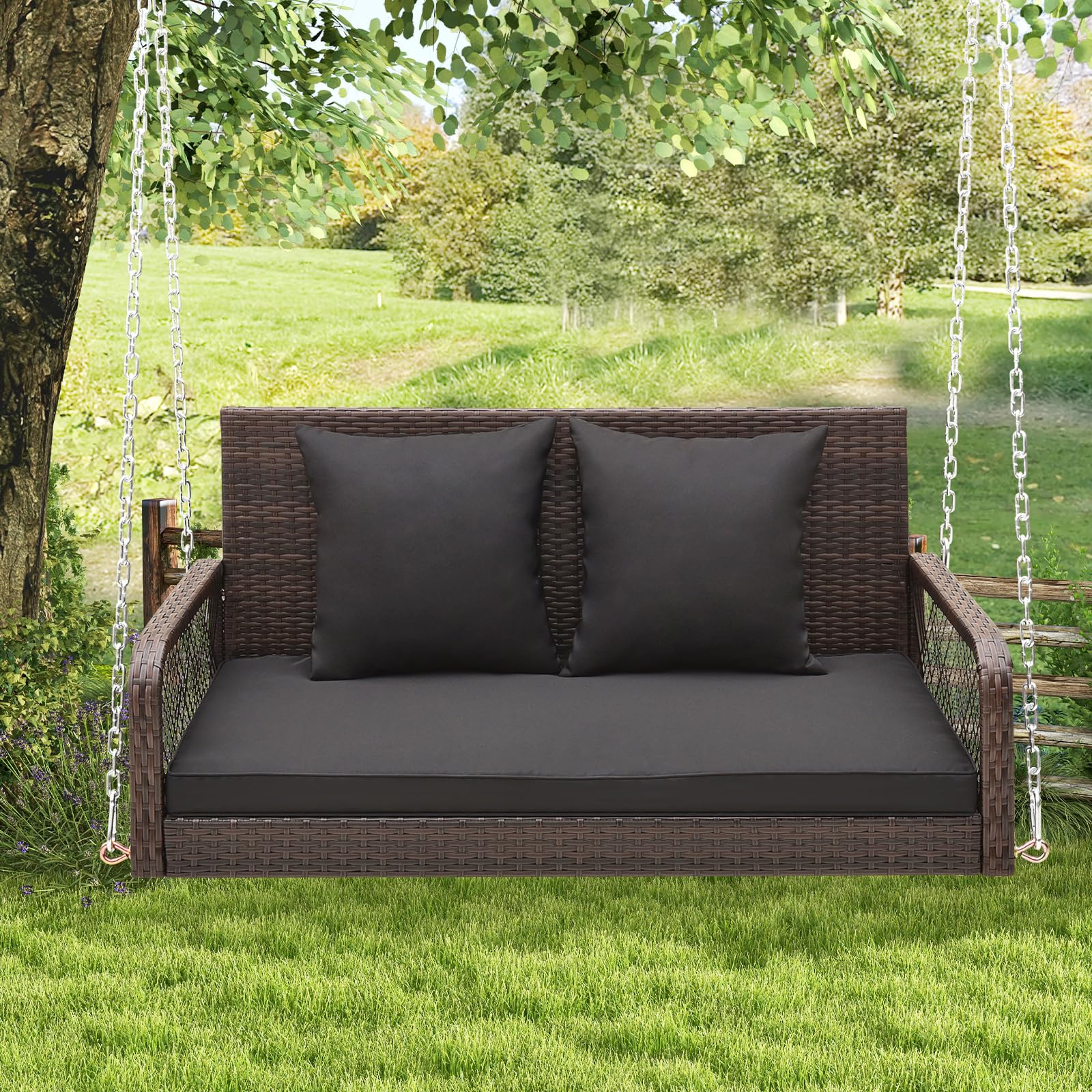 2-Person Outdoor Wicker Porch Swing with Seat and Back Cushions