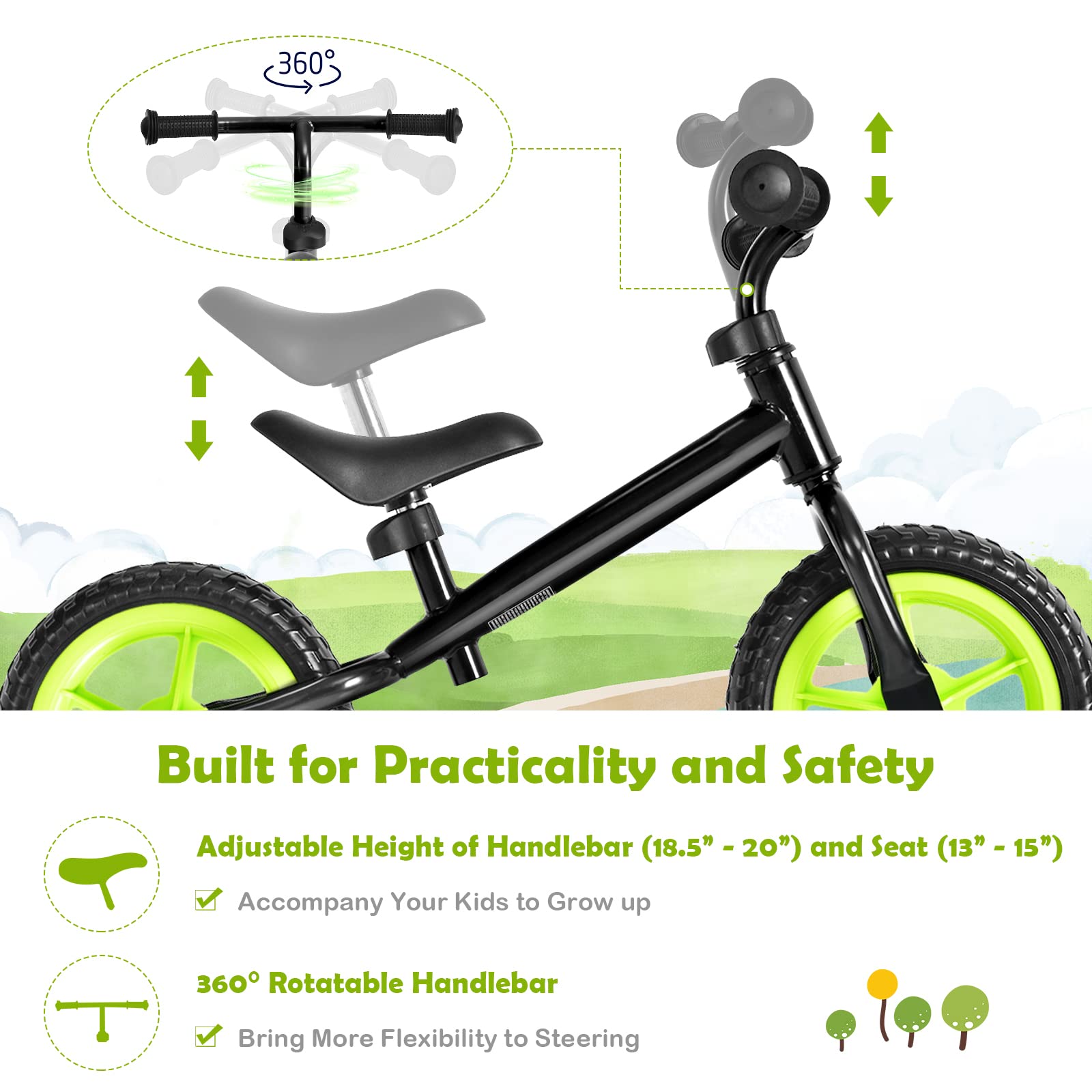 SUGIFT Kids No Pedal Balance Bike with Adjustable Handlebar and Seat - Black
