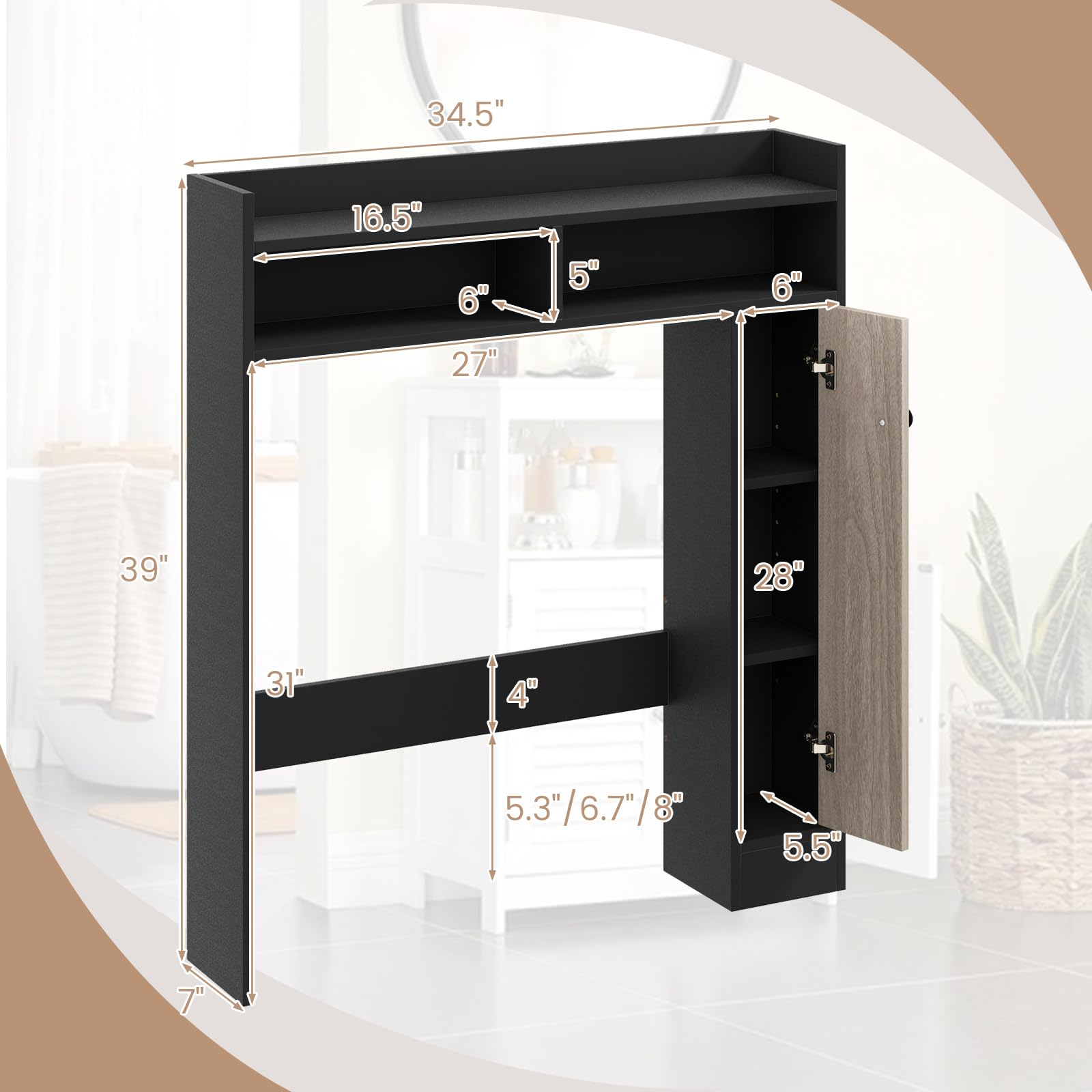 SUGIFT Bathroom Over the Toilet Floor Storage Organizer with Adjustable Shelves - Black