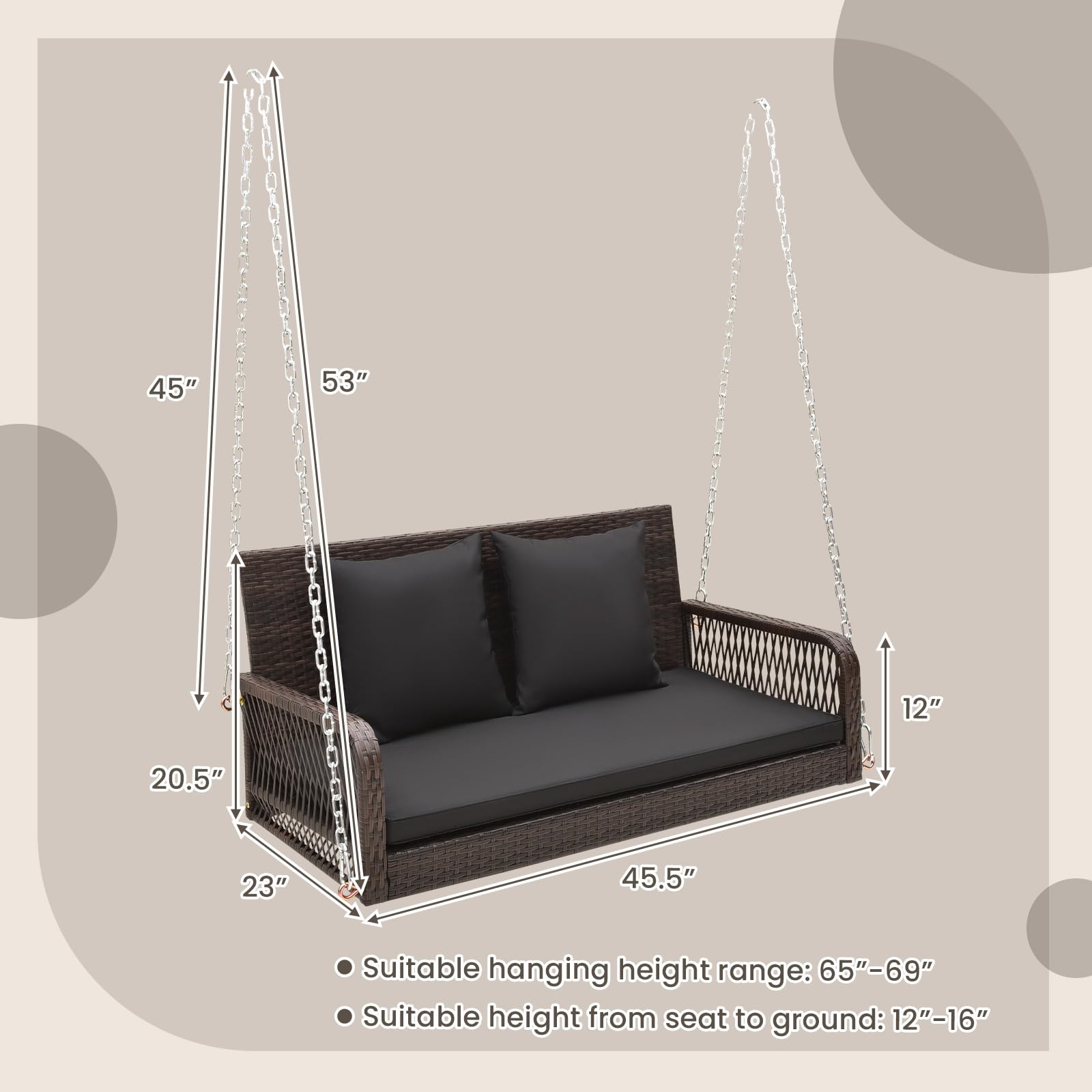 2-Person Outdoor Wicker Porch Swing with Seat and Back Cushions