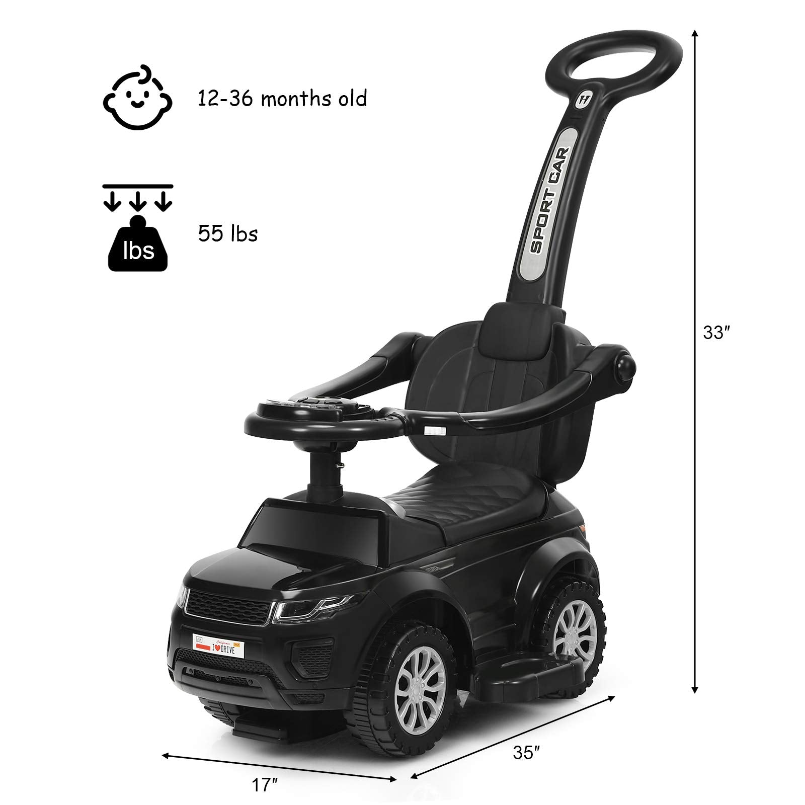 SUGIFT 3 In 1 Ride on Push Car Toddler Stroller Sliding Car with Music