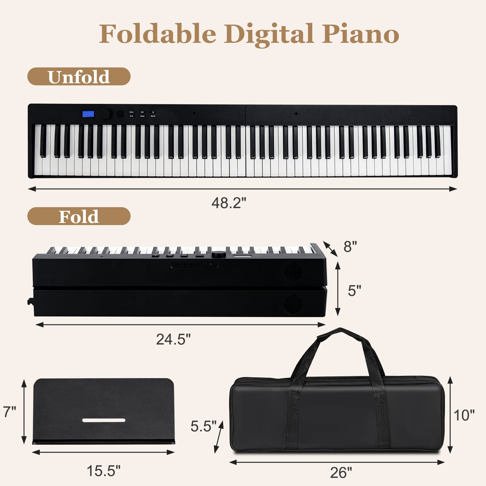 SUGIFT 88-Key Foldable Digital Piano with MIDI and Wireless BT