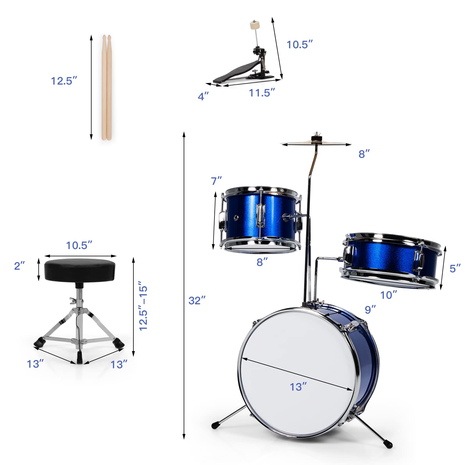 5 Pieces Junior Drum Set with 5 Drums