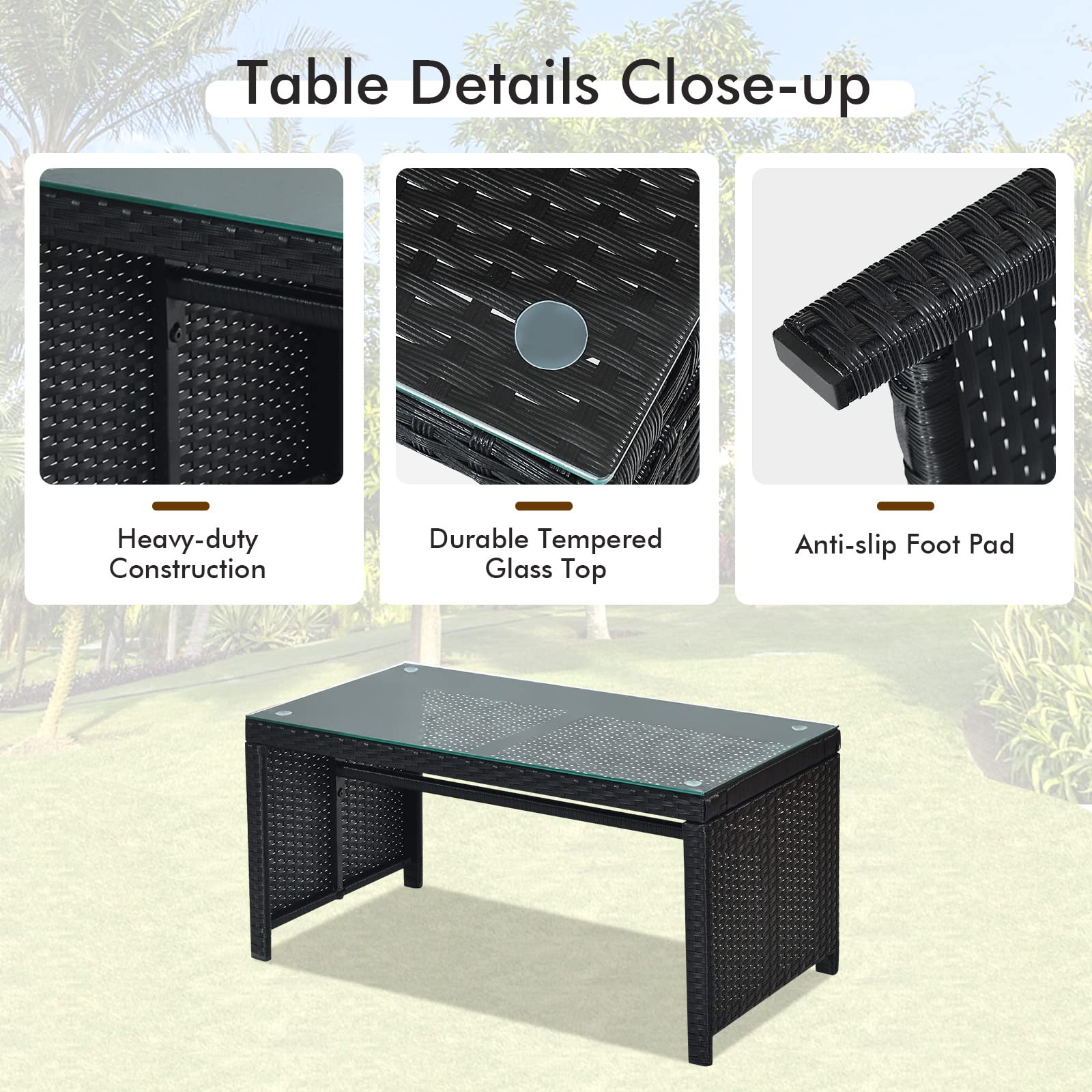 SUGIFT 4 Pieces Rattan Patio Furniture Set with Weather Resistant Cushions and Tempered Glass Tabletop