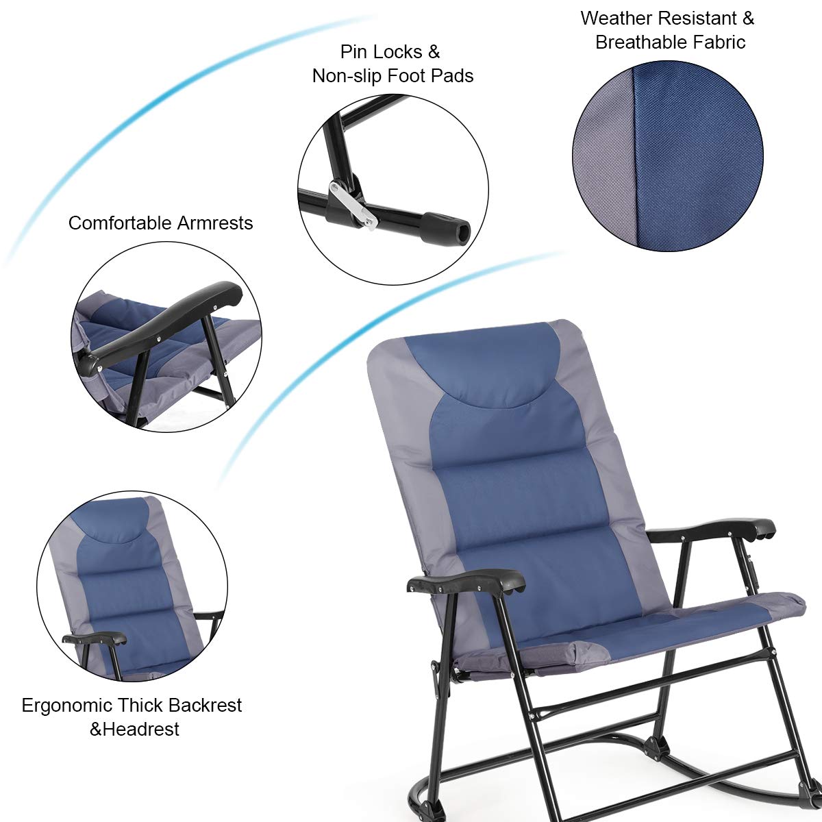SUGIFT 3 Pieces Outdoor Folding Rocking Chair Table Set with Cushion