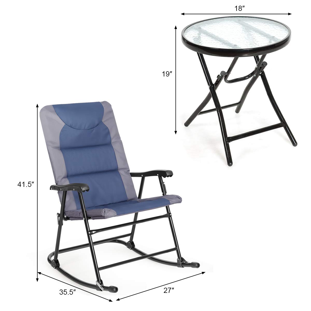 SUGIFT 3 Pieces Outdoor Folding Rocking Chair Table Set with Cushion