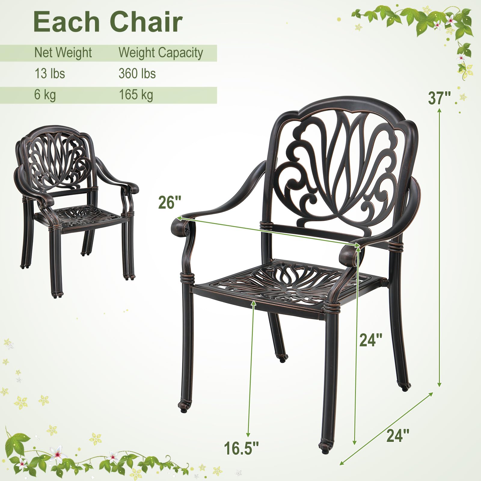 SUGIFT 2 Pieces Patio Cast Aluminum Dining Chairs with Armrests