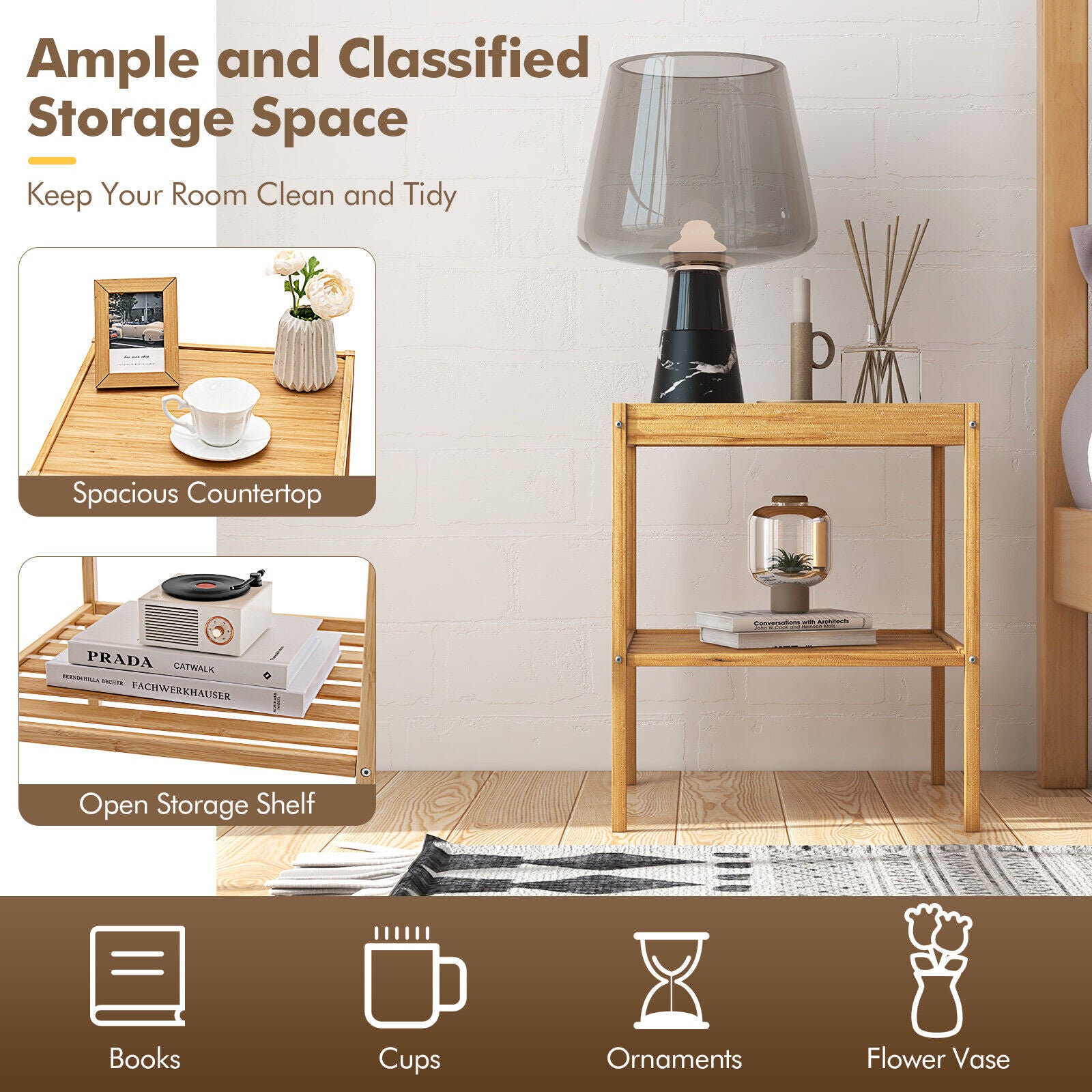 2 Pieces 2 Tiers Bamboo Nightstand for Living Room Bedroom